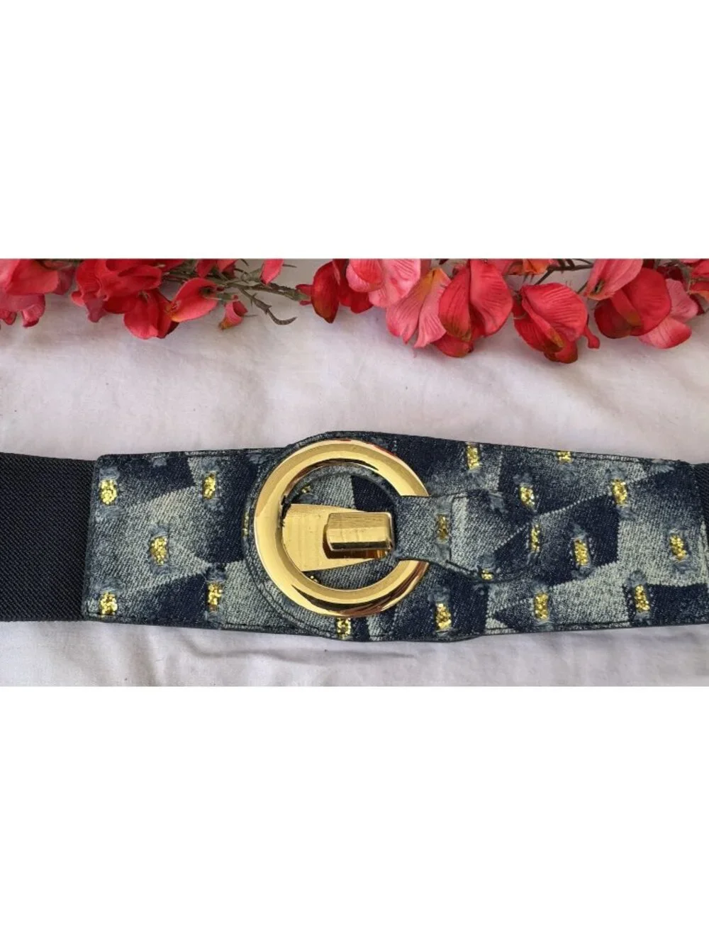 Women Blue Stretch Wide Faux Leather Wide Fabric Belt Gold Hook Buckle Size M